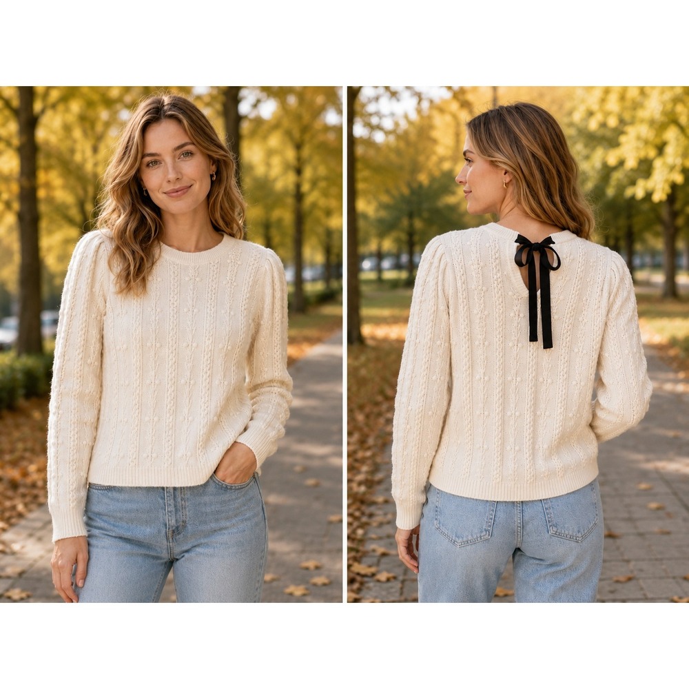 LOFT Womens Small Ivory Bobble Cable Knit‎ Sweater Back Bow Tie Cotton Blend